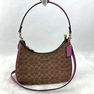 Coach Teri Hobo Bag In Signature Canvas Crossbody In Gold/Tan/Fuschia CV940 NWT